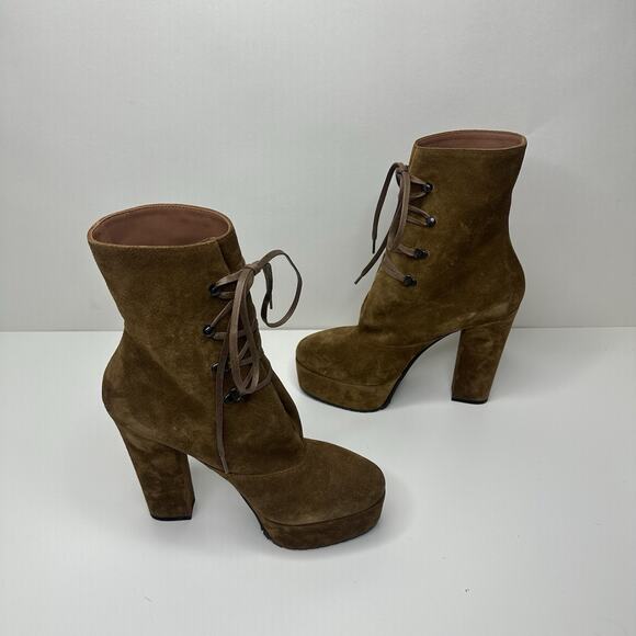 Alaia Trekk 39.5/ US 9.5 Booties Brown Suede Leather Lace Up Platform Heel Boots - Picture 9 of 15